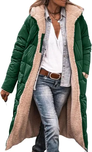 Women's Winter Hooded Quilted Coat Fleece Lined Long Puffer Jacket Winter Fashion Warm Reversible Zip Up Padded Coat