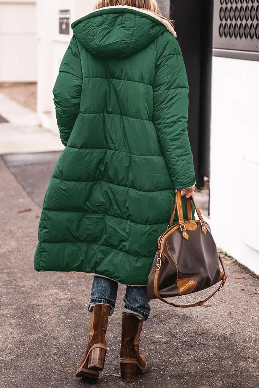 Women's Winter Hooded Quilted Coat Fleece Lined Long Puffer Jacket Winter Fashion Warm Reversible Zip Up Padded Coat