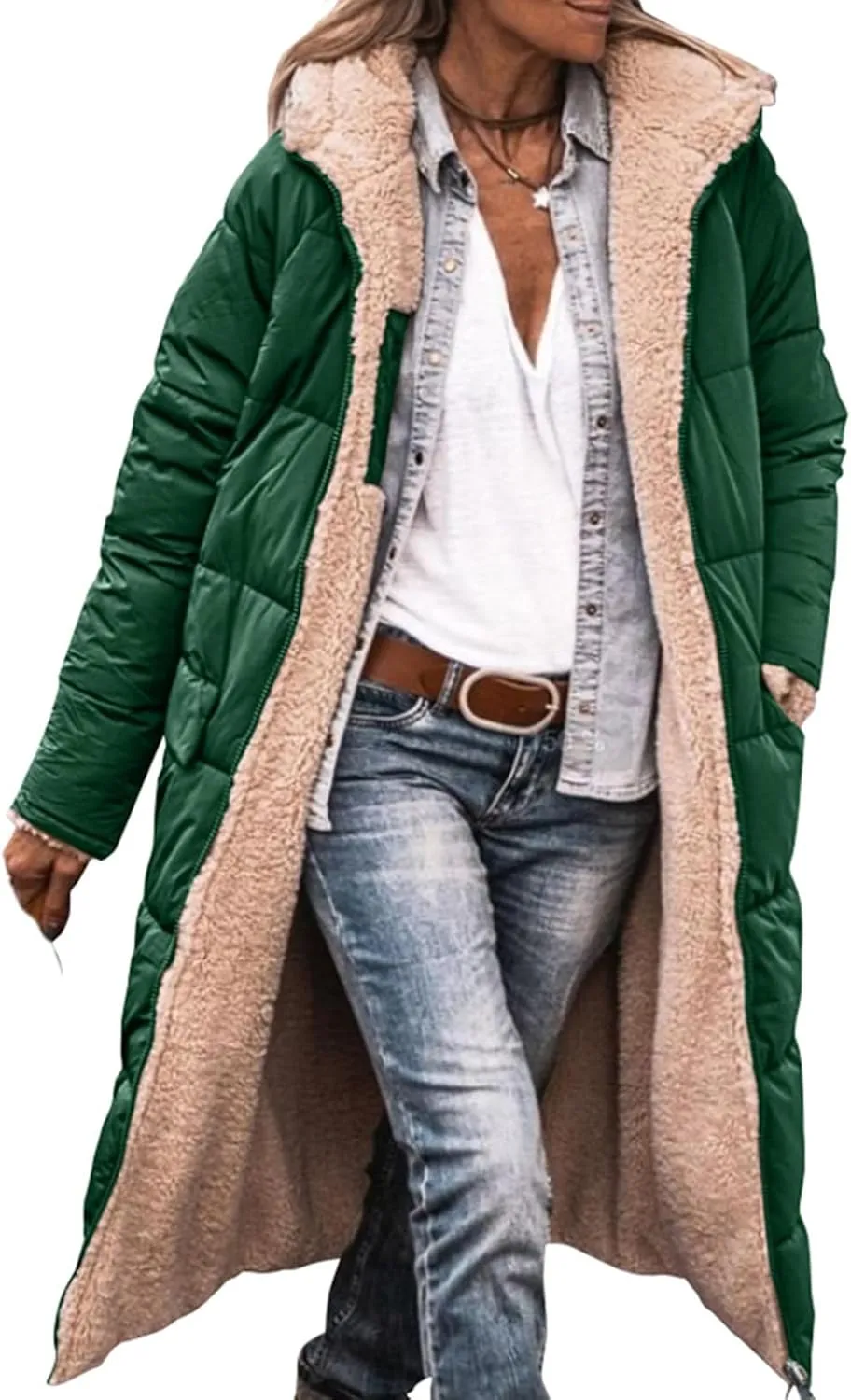 Women's Winter Hooded Quilted Coat Fleece Lined Long Puffer Jacket Winter Fashion Warm Reversible Zip Up Padded Coat