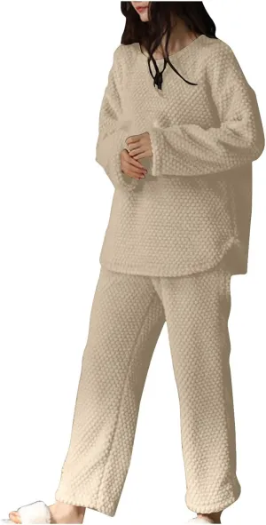 Women's Winter Pajama Sets Fuzzy Fleece Pjs Set Warm Lounge Sets 2 Piece Comfy Sleepwaer Plush Pjs Pullover and Pants