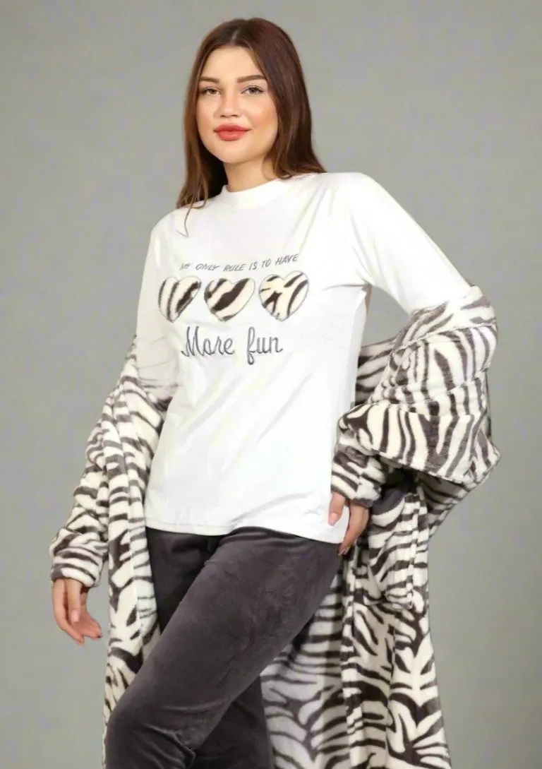 Women's winter pajamas, 3 pieces, T-shirt   pants   short robe