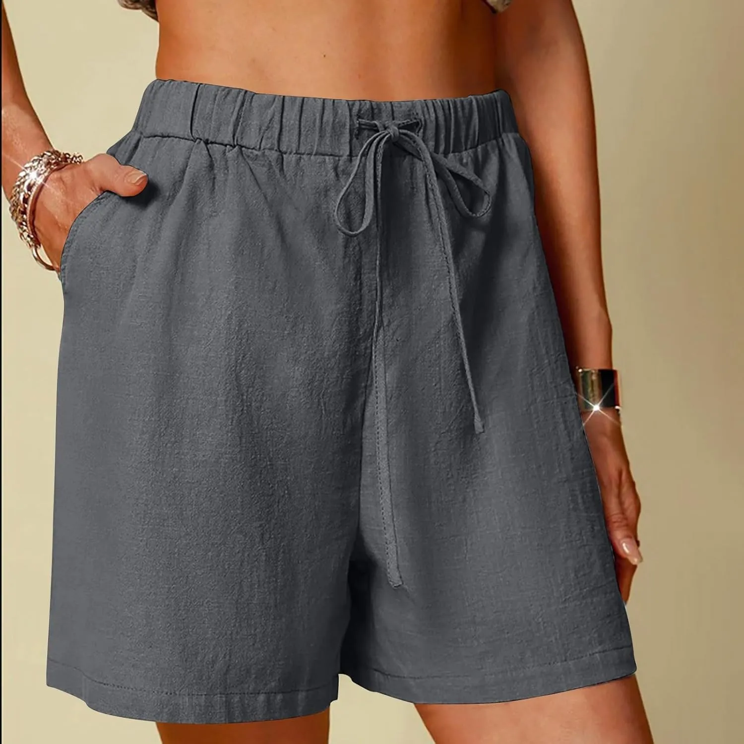 Womens Workout Shorts Linen Drawstring Short Trousers Breathable Elastic Waisted Short Pants Solid Casual Shorts