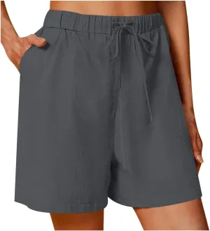 Womens Workout Shorts Linen Drawstring Short Trousers Breathable Elastic Waisted Short Pants Solid Casual Shorts