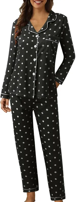 Womens Y2k Dot Print 2 Piece Pajamas,Lightweight Soft Notch Collar Long Sleeve Sleepwear Long Pants Sexy Loungewear