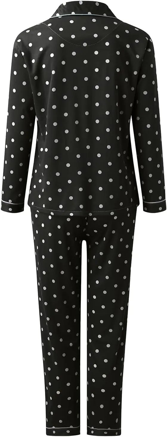 Womens Y2k Dot Print 2 Piece Pajamas,Lightweight Soft Notch Collar Long Sleeve Sleepwear Long Pants Sexy Loungewear