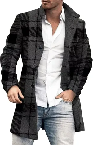 Wool Blend Trench Coat Notched Lapel Single Breasted Pea Coat Winter Warm Long Jacket Plus Size