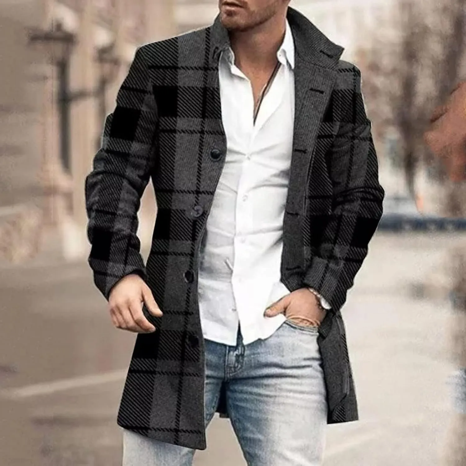 Wool Blend Trench Coat Notched Lapel Single Breasted Pea Coat Winter Warm Long Jacket Plus Size