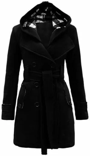 Wool Blend Womens Overcoat with Hood Trench Coat Warm 2023 Fall Winter Solid Belted Coats Pea Coat Trendy Casual