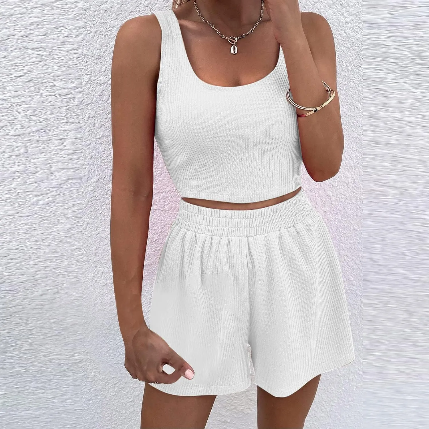 Workout Outfits for Women Rib Knit Tank Tops Shorts Sets Women 2 Piece Pajama Set Summer Lounge Set Beach Outfit