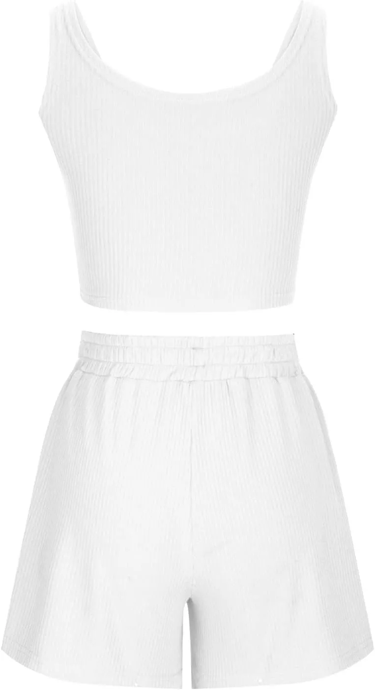 Workout Outfits for Women Rib Knit Tank Tops Shorts Sets Women 2 Piece Pajama Set Summer Lounge Set Beach Outfit