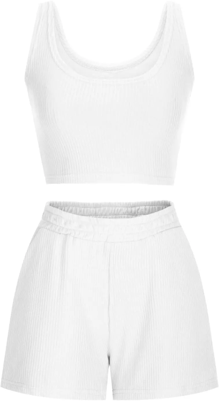Workout Outfits for Women Rib Knit Tank Tops Shorts Sets Women 2 Piece Pajama Set Summer Lounge Set Beach Outfit