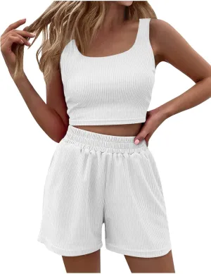 Workout Outfits for Women Rib Knit Tank Tops Shorts Sets Women 2 Piece Pajama Set Summer Lounge Set Beach Outfit