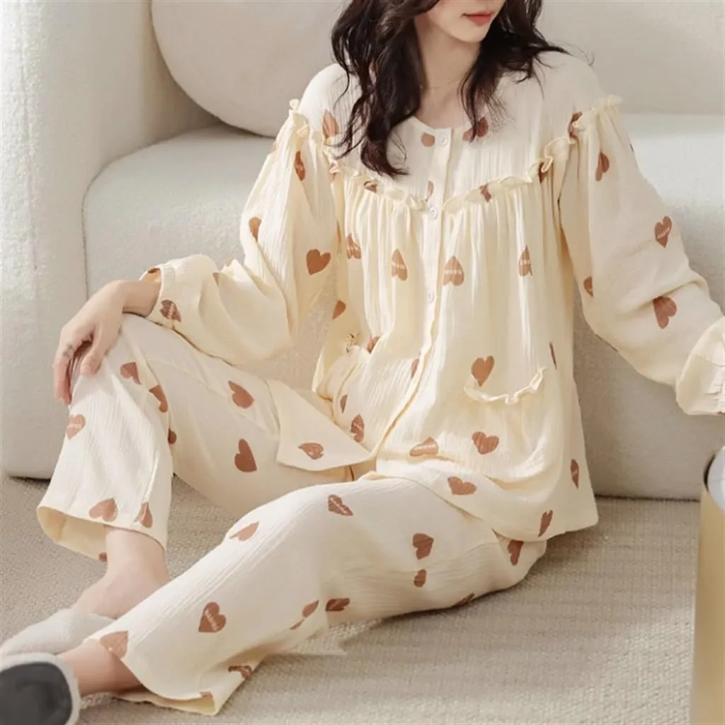 Woven Cotton Gauze Pajamas for Women Spring and Autumn Cotton Thin Large Size Home Wear Set