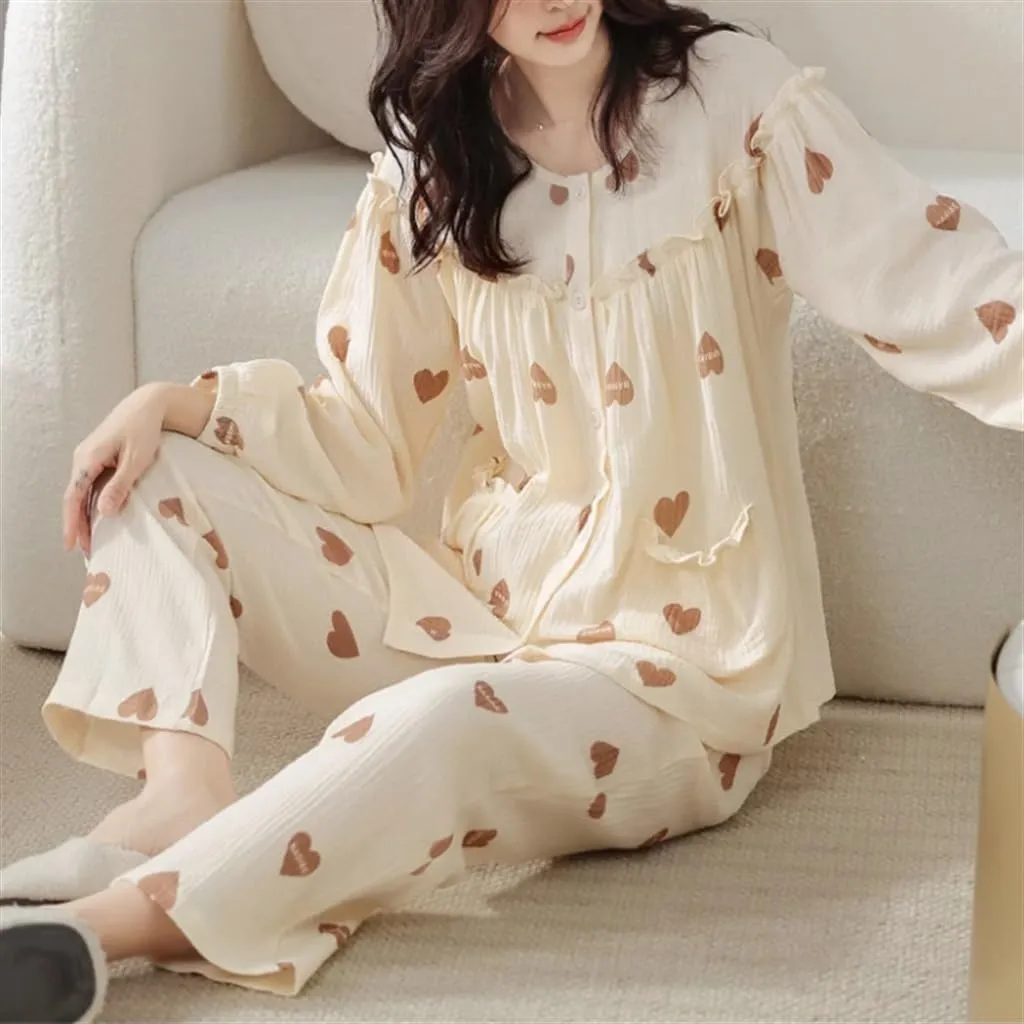 Woven Cotton Gauze Pajamas for Women Spring and Autumn Cotton Thin Large Size Home Wear Set