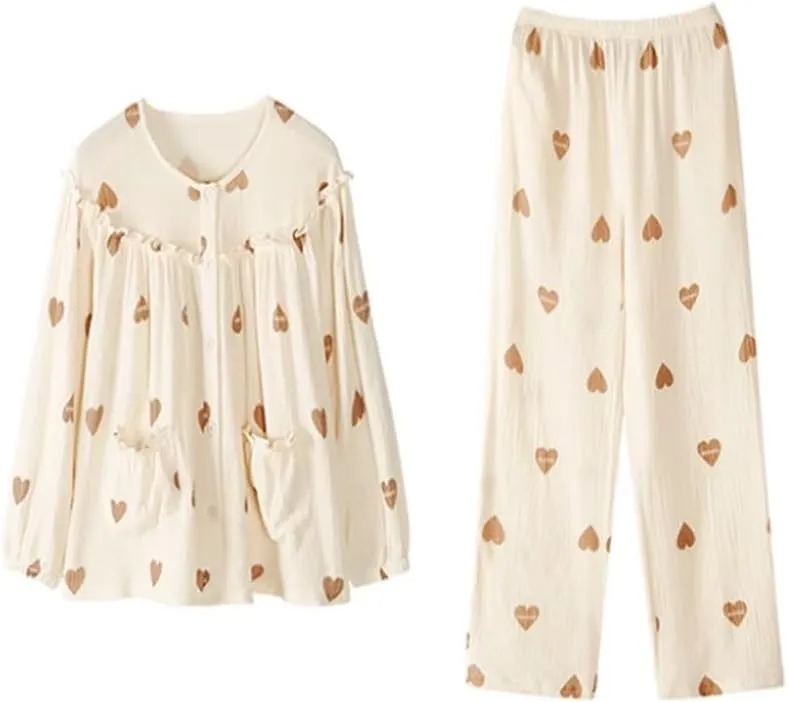 Woven Cotton Gauze Pajamas for Women Spring and Autumn Cotton Thin Large Size Home Wear Set