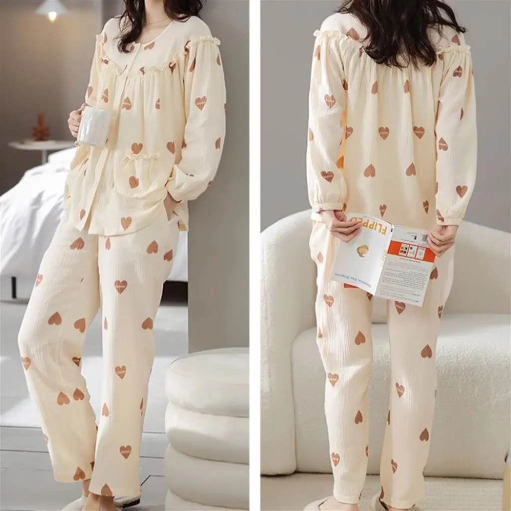 Woven Cotton Gauze Pajamas for Women Spring and Autumn Cotton Thin Large Size Home Wear Set