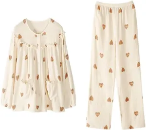 Woven Cotton Gauze Pajamas for Women Spring and Autumn Cotton Thin Large Size Home Wear Set