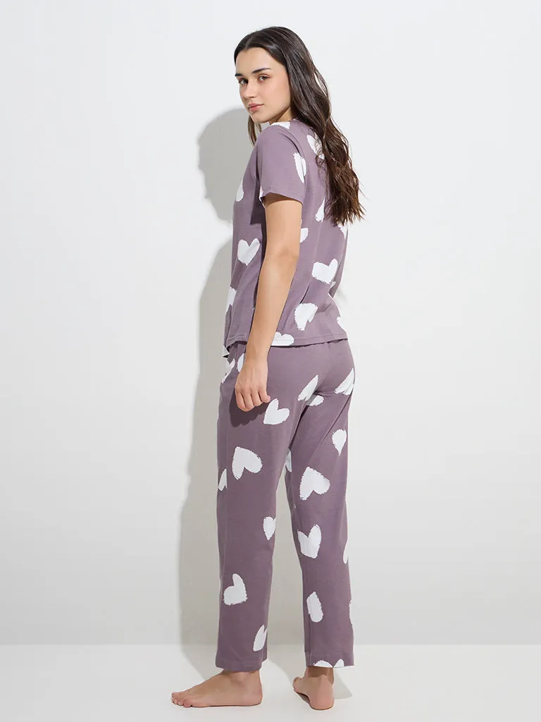 Wunderlove Mauve Cotton T-Shirt and Pyjamas Set in a Bag
