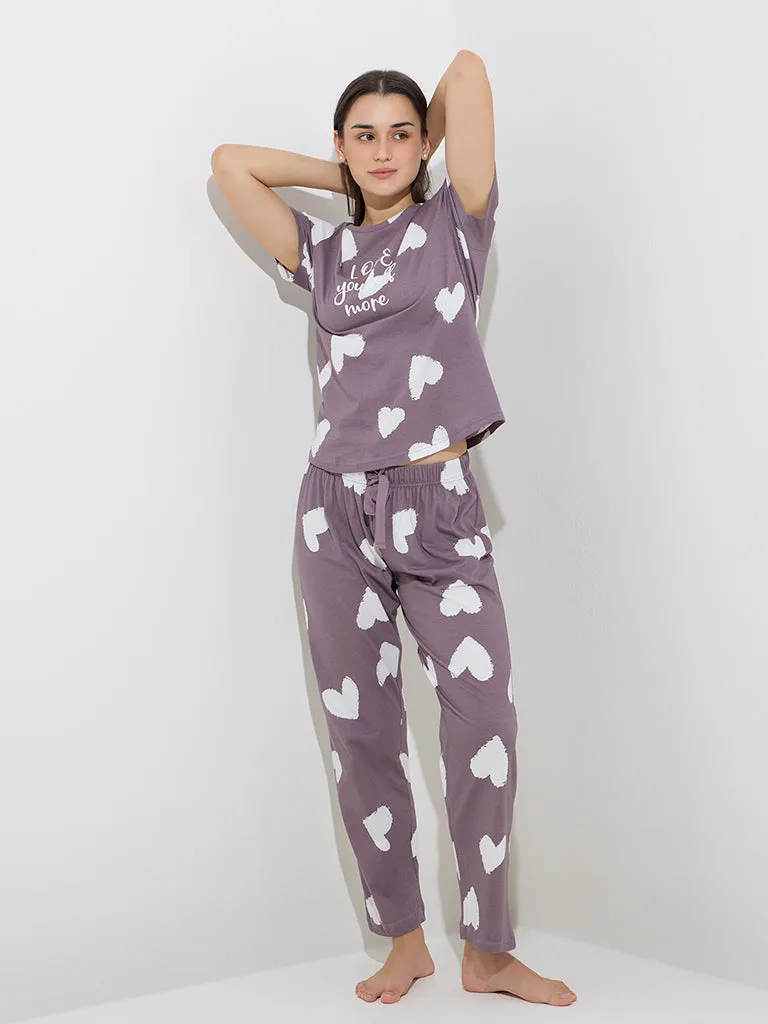 Wunderlove Mauve Cotton T-Shirt and Pyjamas Set in a Bag