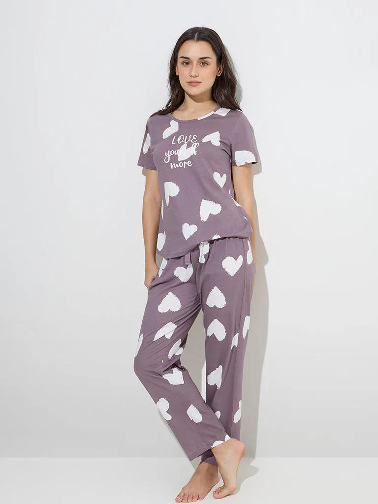 Wunderlove Mauve Cotton T-Shirt and Pyjamas Set in a Bag