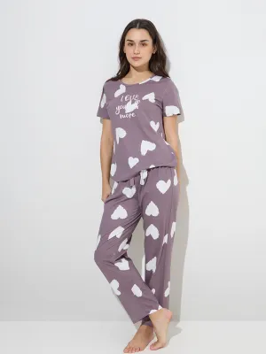 Wunderlove Mauve Cotton T-Shirt and Pyjamas Set in a Bag
