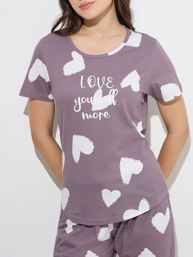Wunderlove Mauve Cotton T-Shirt and Pyjamas Set in a Bag