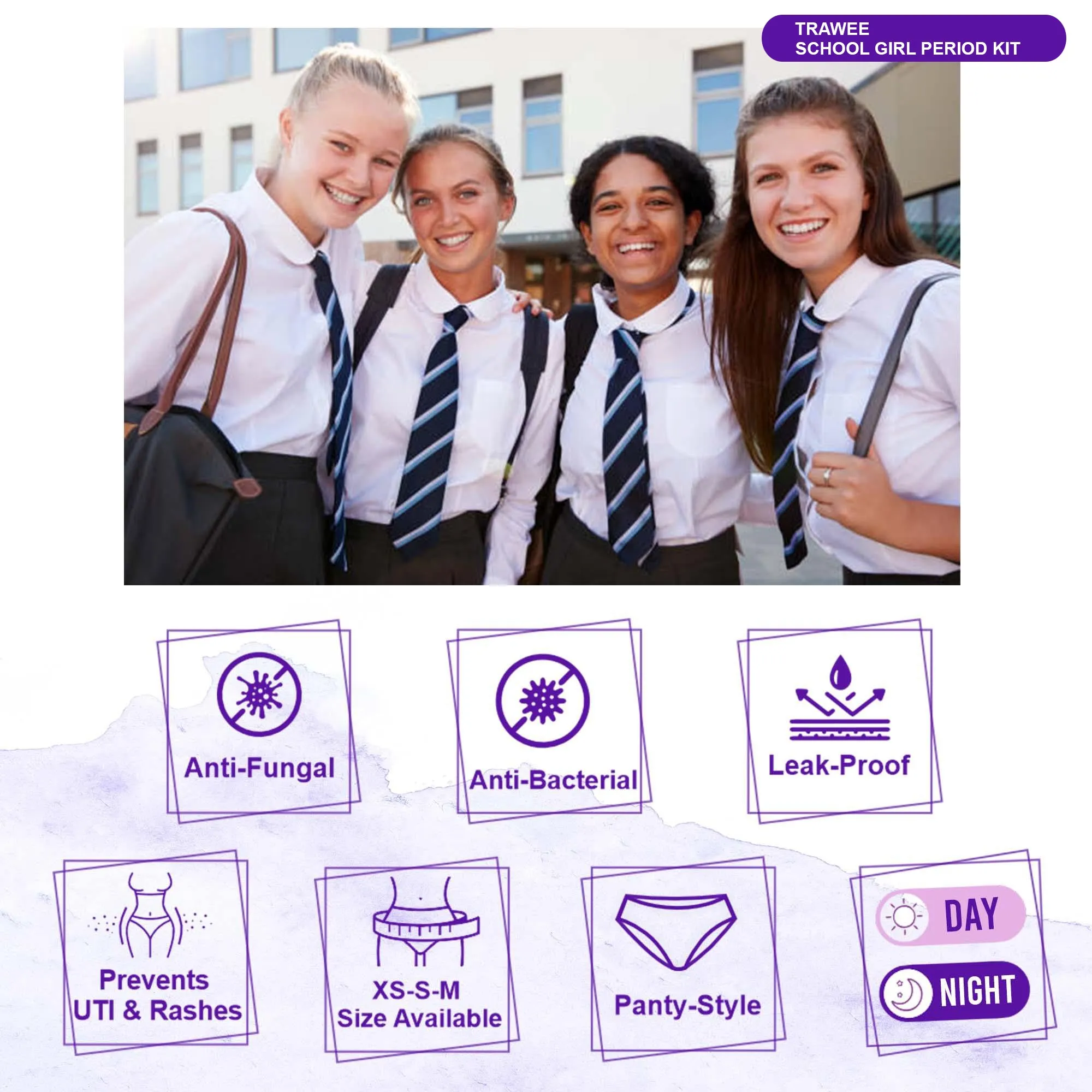 XL Size Period Panties for School Girls.Disposable Menstrual Panties with High Absorption capacity Liners. Hygienic Leak-Proof protection for long School-hours without Stains or Wetness.TRAWEE- School Girl Period Kit.
