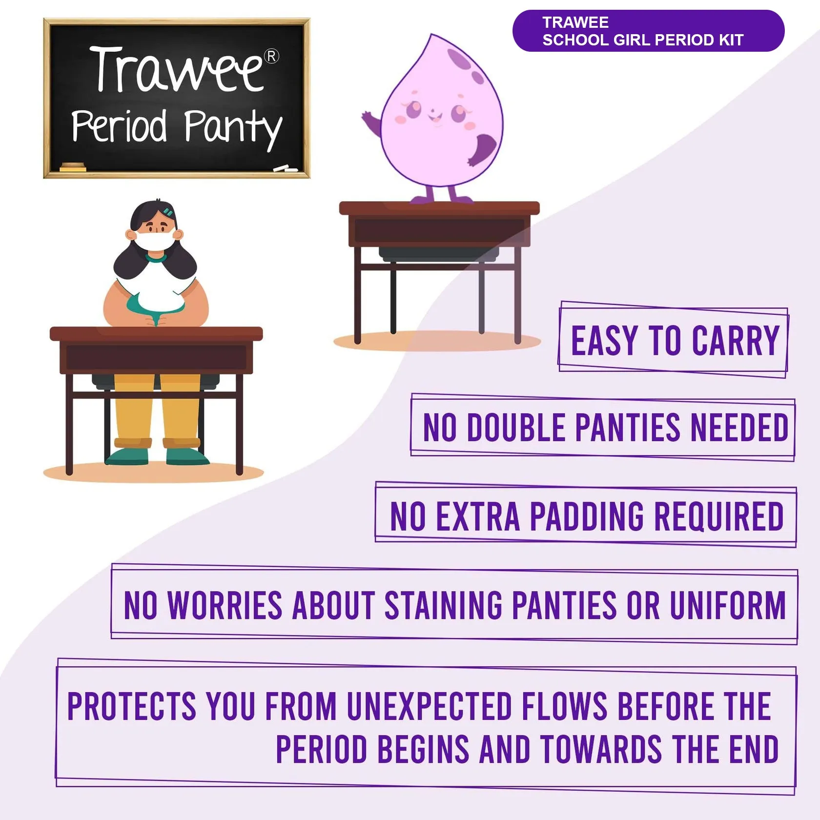 XL Size Period Panties for School Girls.Disposable Menstrual Panties with High Absorption capacity Liners. Hygienic Leak-Proof protection for long School-hours without Stains or Wetness.TRAWEE- School Girl Period Kit.