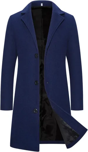 XUETON Mens Single Breasted Trench Coat Winter Wool Blend Pea Coat Oversized Warm Lapel Work Business Fleece Jacket Outerwear(Navy,X-Large)