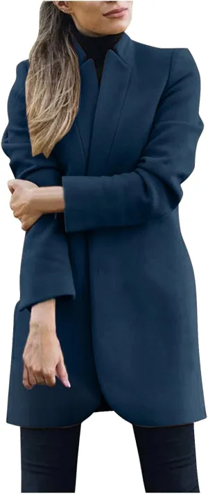 XUETON Women's Double Breasted Long Trench Coat Casual Lapel Open Front Winter Wool Blend Warm Coat Overcoat Outwear