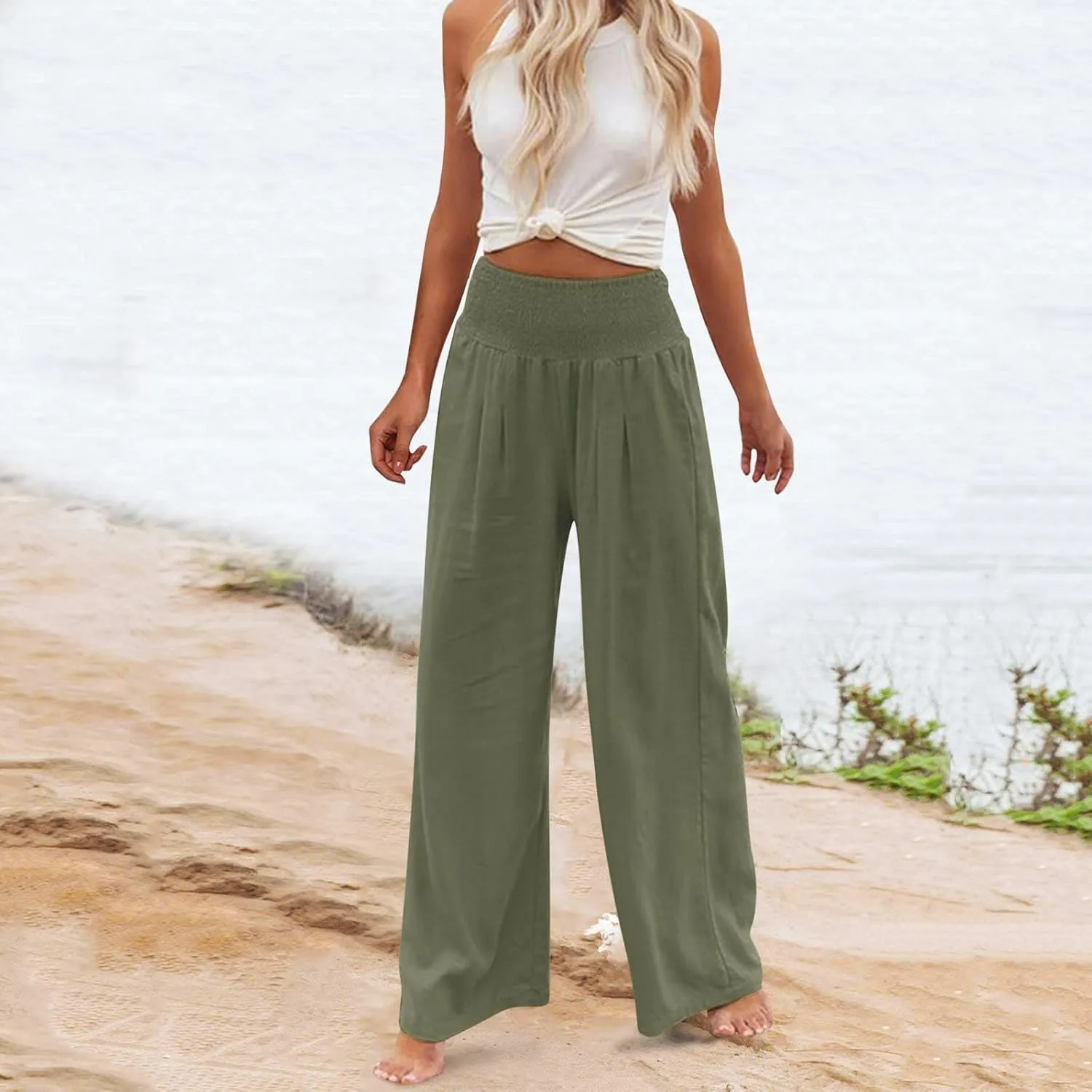 XUNRYAN Women's Cotton Linen Wide Leg Pants Summer Casual High Waisted Boho Palazzo Pants Baggy Lounge Trousers w Pockets