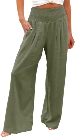 XUNRYAN Women's Cotton Linen Wide Leg Pants Summer Casual High Waisted Boho Palazzo Pants Baggy Lounge Trousers w Pockets