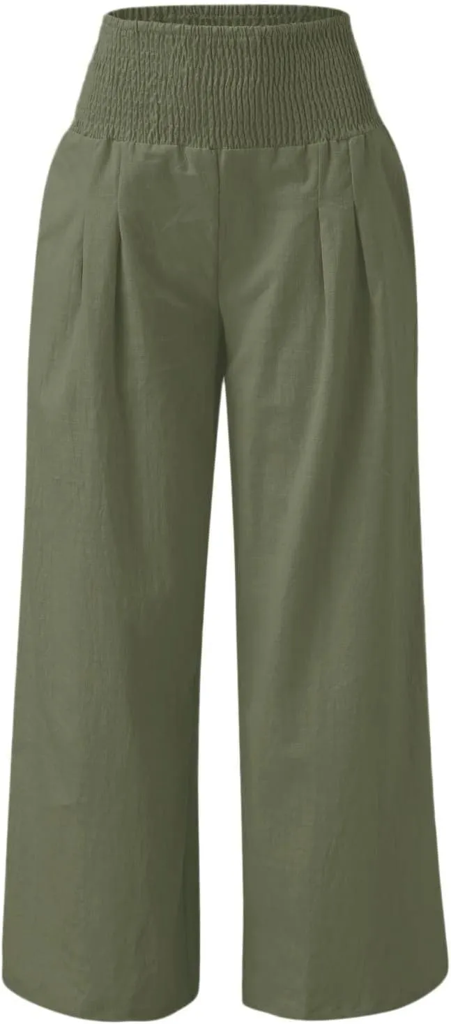 XUNRYAN Women's Cotton Linen Wide Leg Pants Summer Casual High Waisted Boho Palazzo Pants Baggy Lounge Trousers w Pockets
