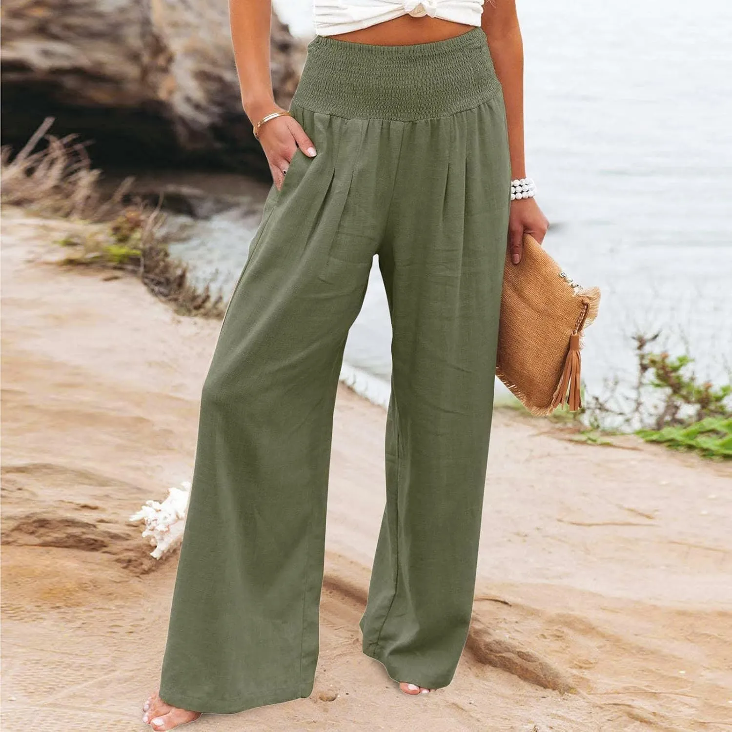 XUNRYAN Women's Cotton Linen Wide Leg Pants Summer Casual High Waisted Boho Palazzo Pants Baggy Lounge Trousers w Pockets