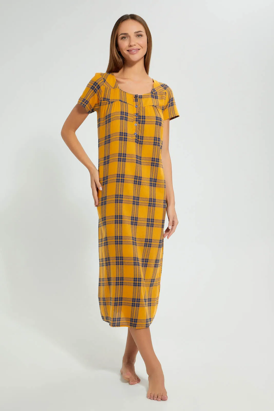 Yellow Checkered Woven Nightgown