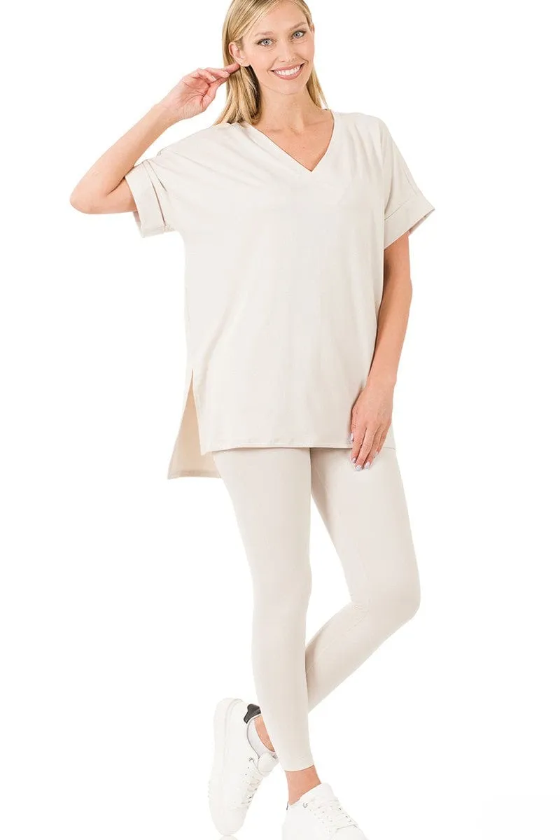 Zenana Brushed Microfiber Rolled Short Sleeve Top and Leggings Loungewear Set