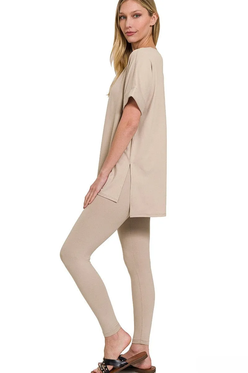 Zenana Brushed Microfiber Rolled Short Sleeve Top and Leggings Loungewear Set