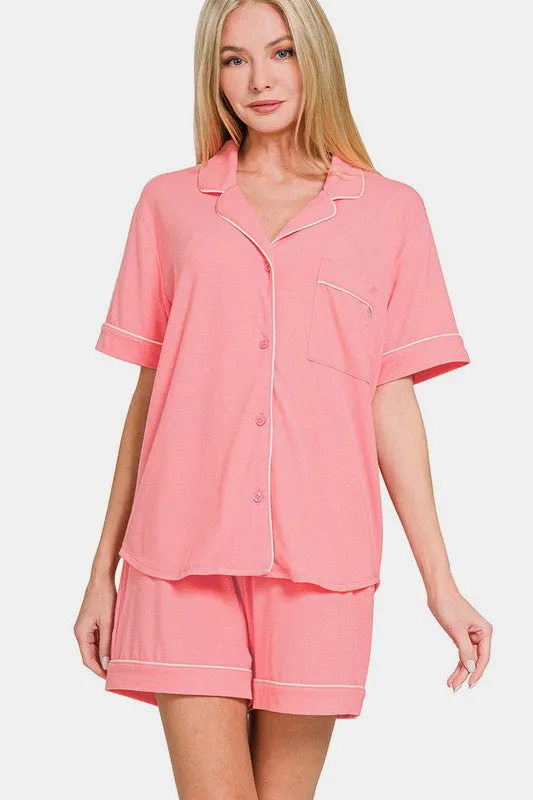 Zenana Dark Pink Button Down Short Sleeve Top and Shorts Lounge Set