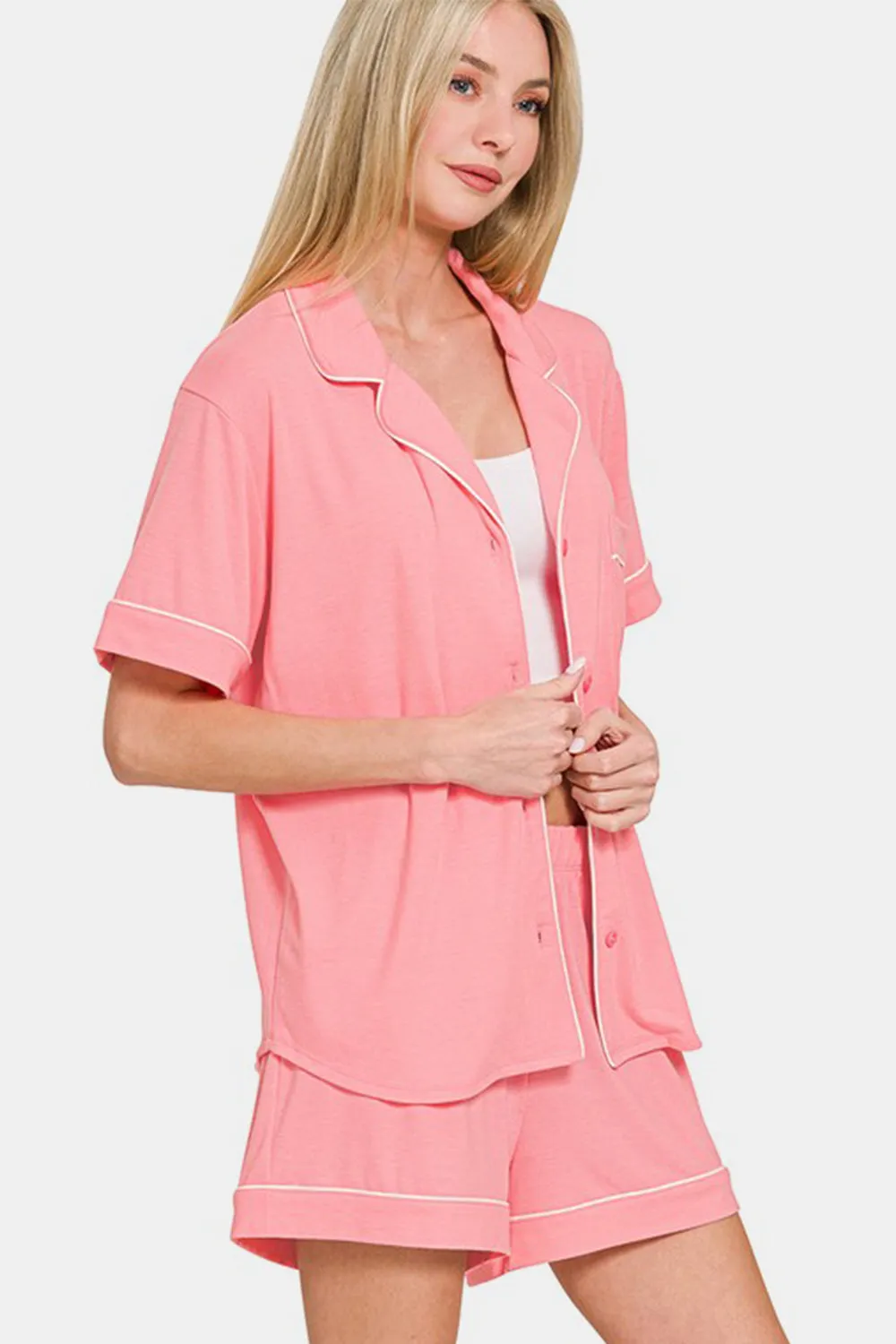 Zenana Dark Pink Button Down Short Sleeve Top and Shorts Lounge Set