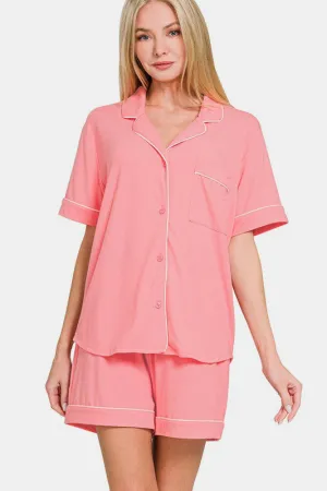 Zenana Dark Pink Button Down Short Sleeve Top and Shorts Lounge Set