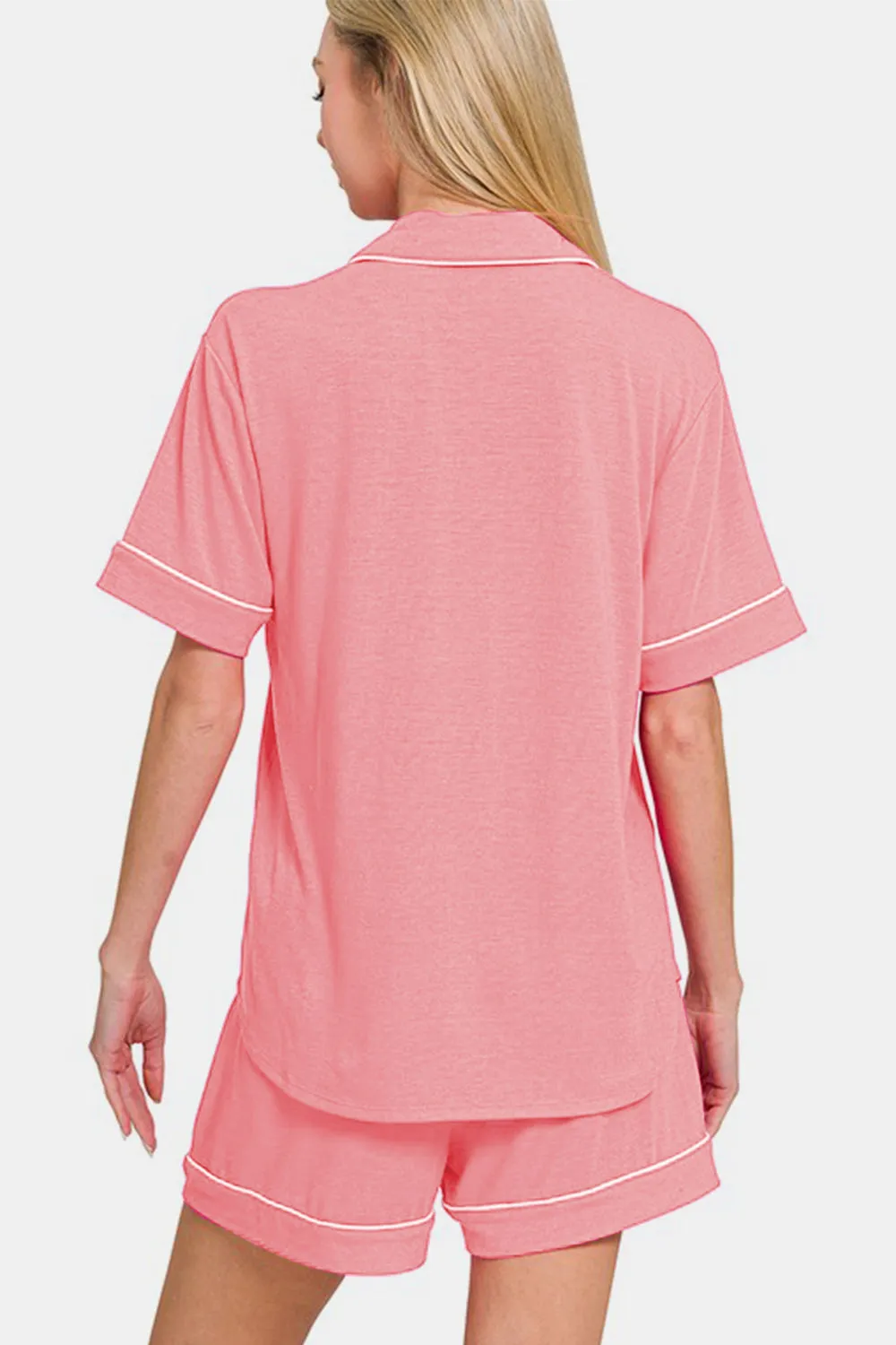 Zenana Dark Pink Button Down Short Sleeve Top and Shorts Lounge Set