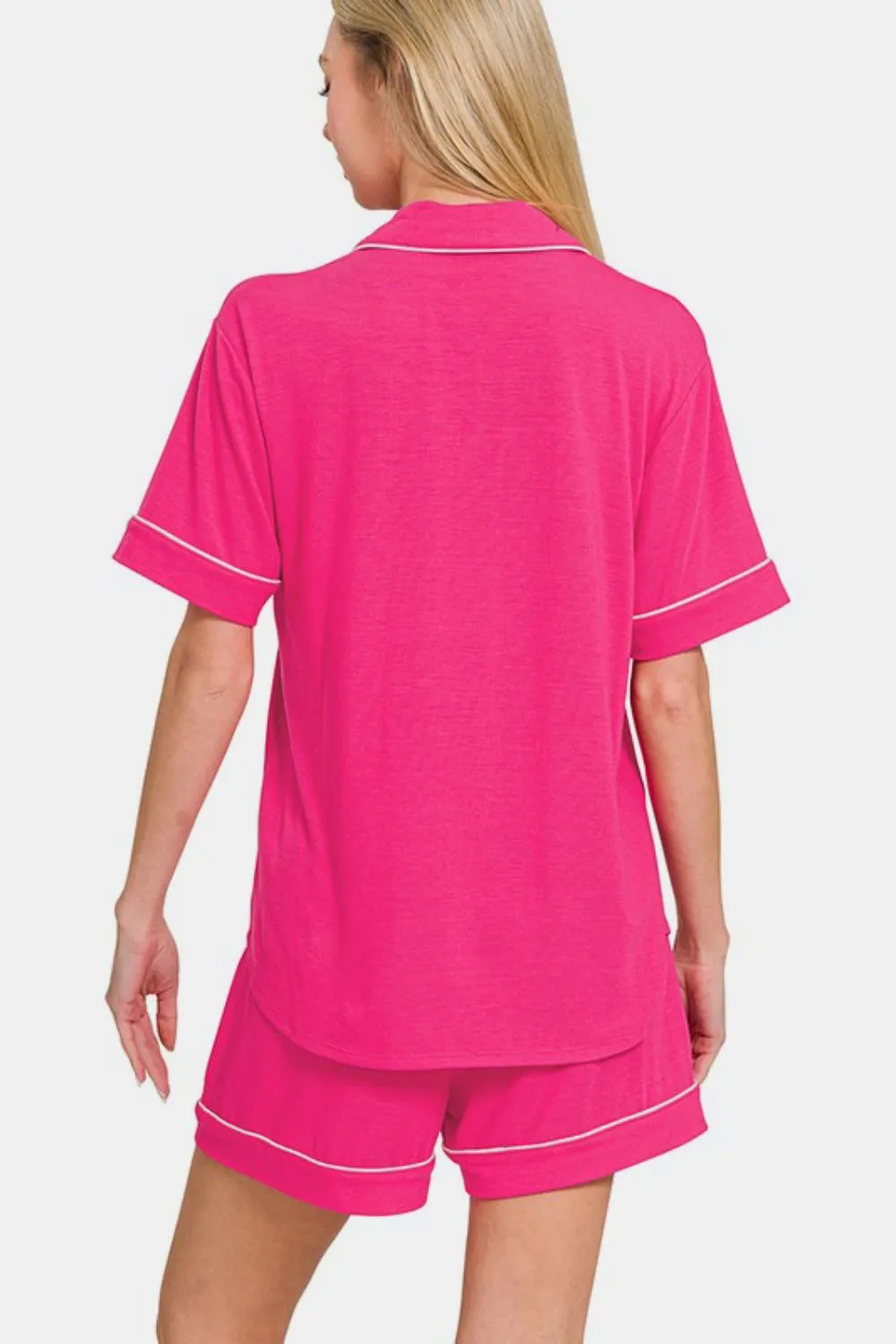 Zenana Hot Pink Button Down Short Sleeve Top and Shorts Lounge Set