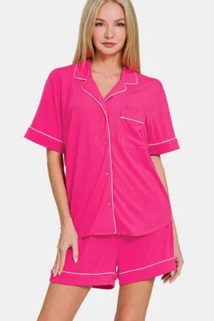 Zenana Hot Pink Button Down Short Sleeve Top and Shorts Lounge Set