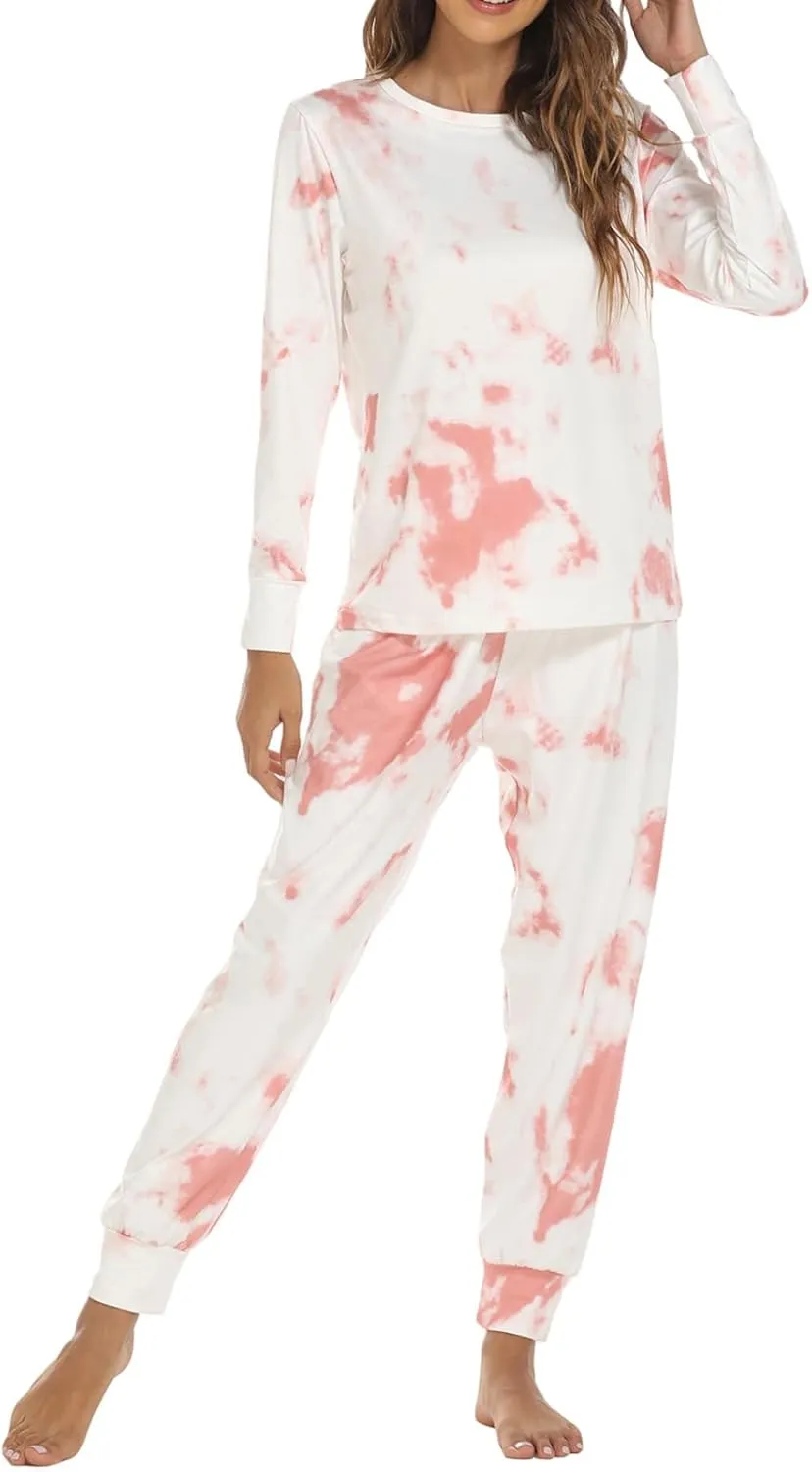 ZWRXW Pajamas Sets for Women Super-Soft Long Sleeve Top with Pants Christmas Pajamas Stripe/Leopard/Gradient Print