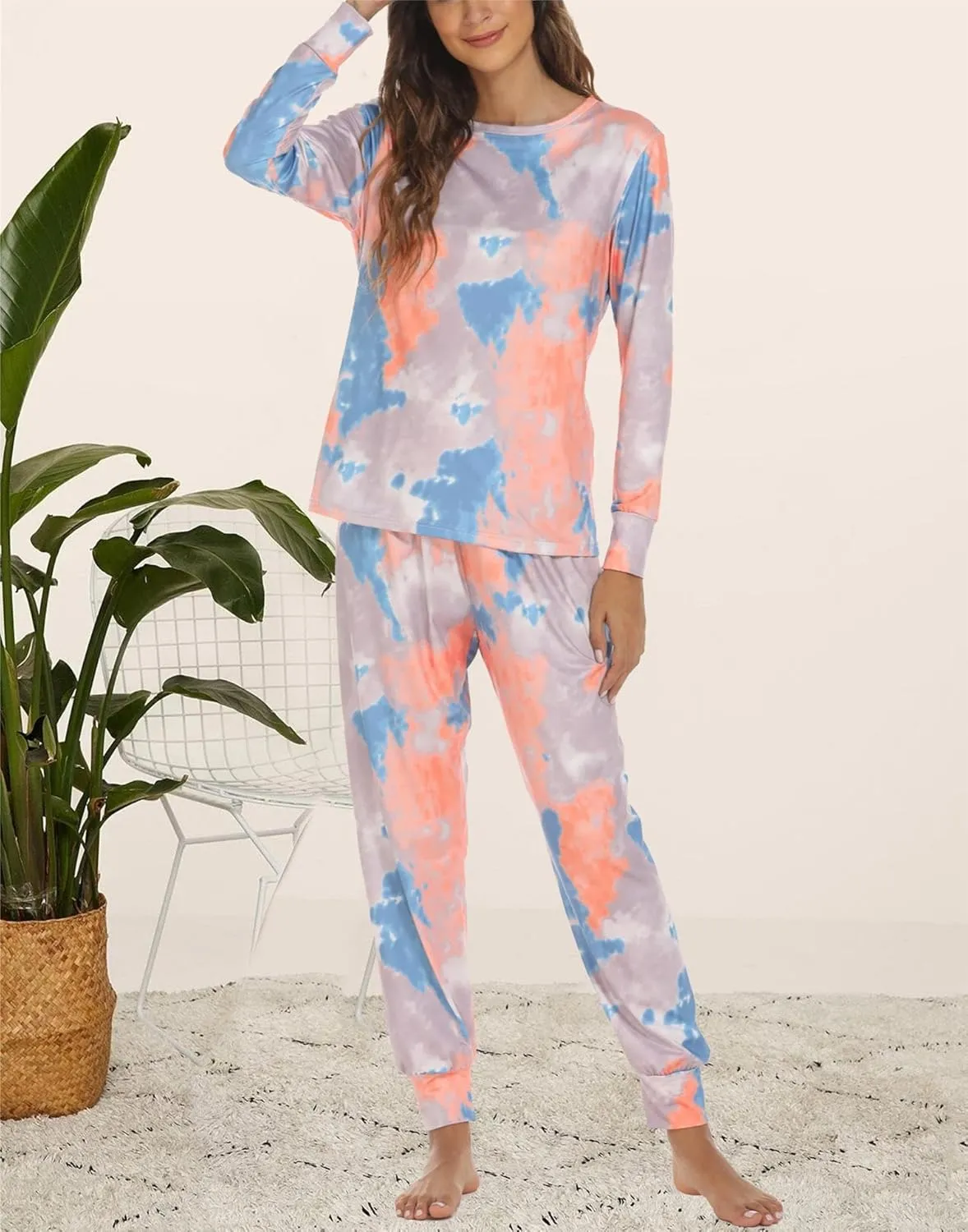 ZWRXW Pajamas Sets for Women Super-Soft Long Sleeve Top with Pants Christmas Pajamas Stripe/Leopard/Gradient Print