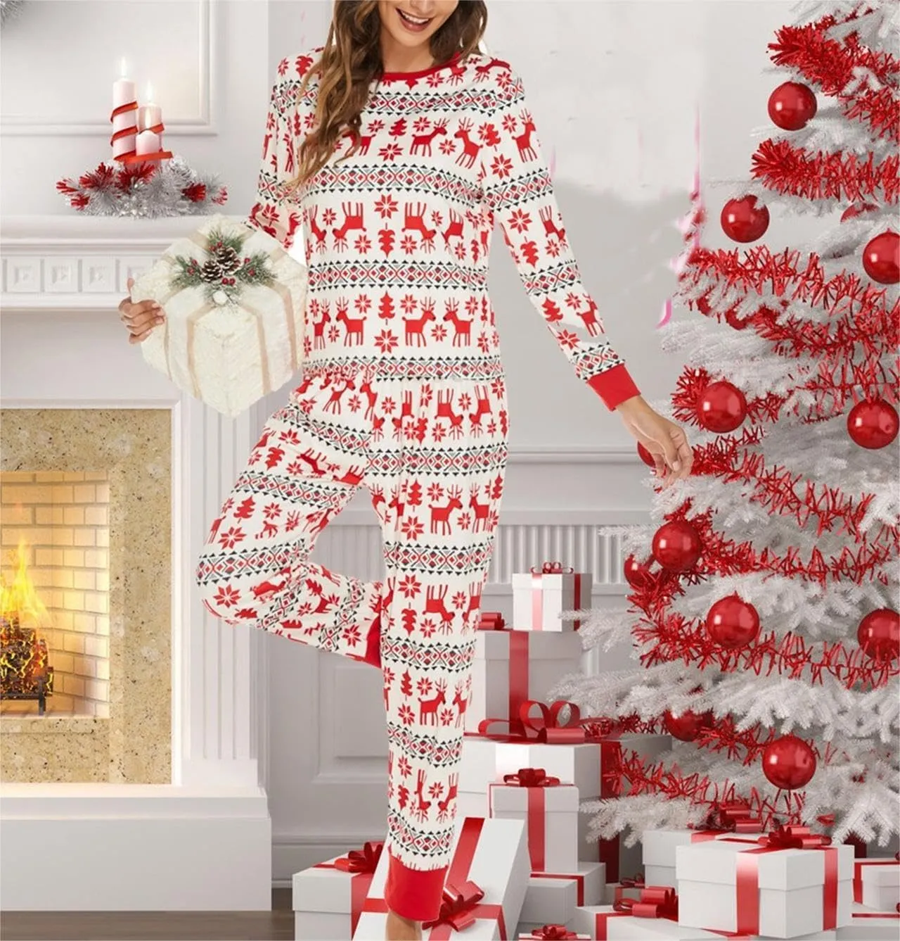 ZWRXW Pajamas Sets for Women Super-Soft Long Sleeve Top with Pants Christmas Pajamas Stripe/Leopard/Gradient Print