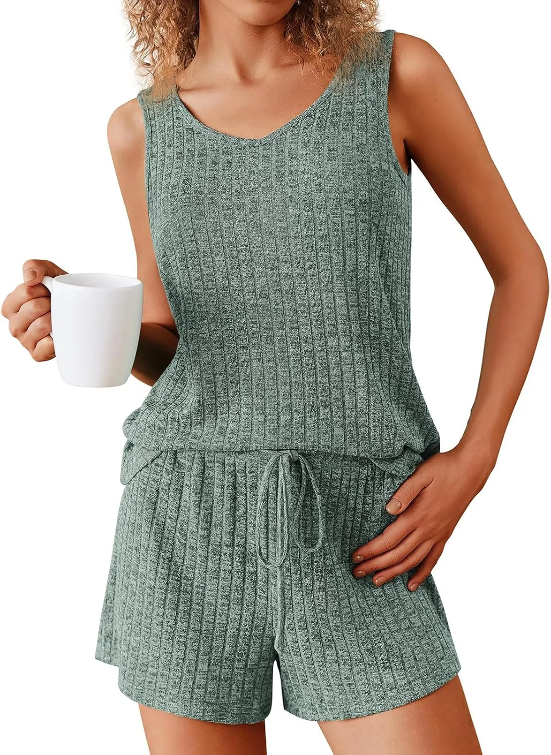 ZWRXW Women's Pajama Sleeveless Pjs Set Ribbed Knit Lounge Set Sleeveless V Neck Top and Shorts Summer Loungewear Sleepwear