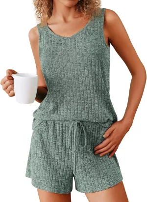 ZWRXW Women's Pajama Sleeveless Pjs Set Ribbed Knit Lounge Set Sleeveless V Neck Top and Shorts Summer Loungewear Sleepwear