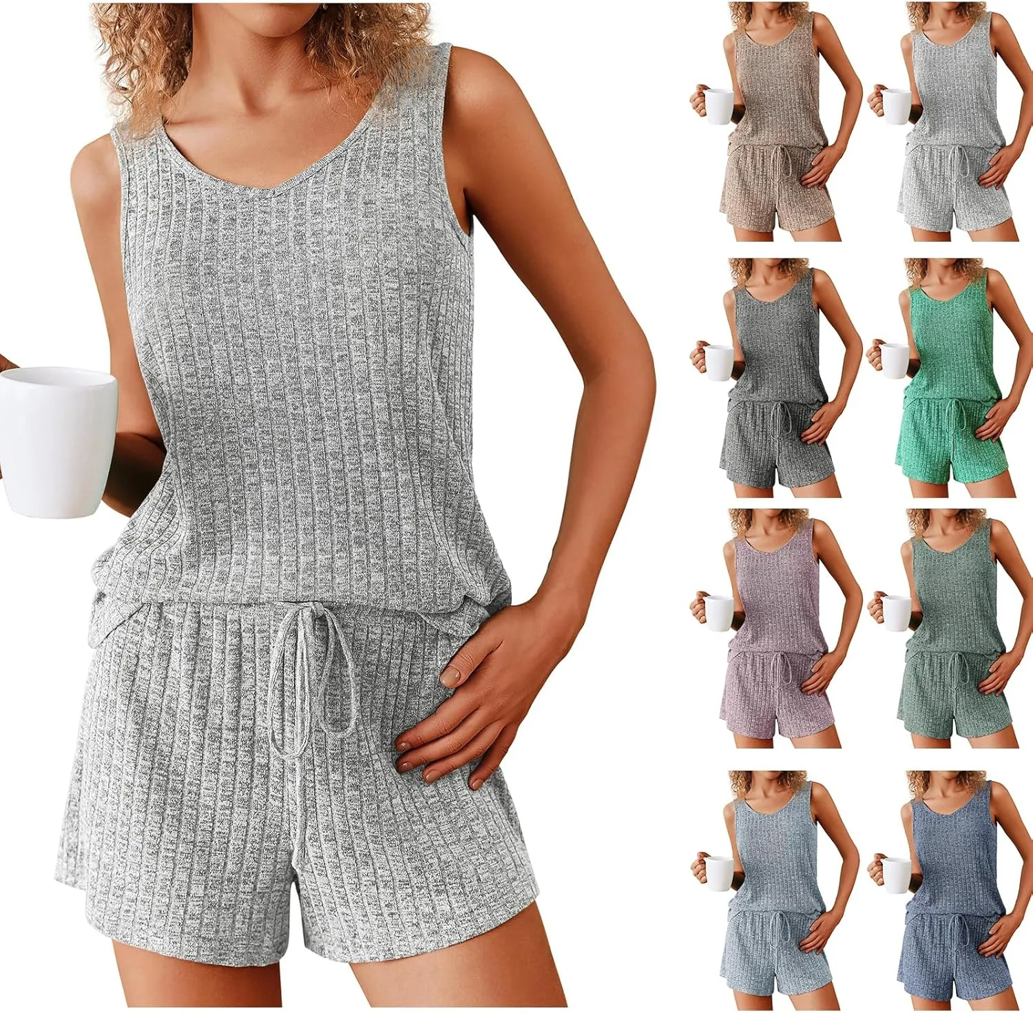ZWRXW Women's Pajama Sleeveless Pjs Set Ribbed Knit Lounge Set Sleeveless V Neck Top and Shorts Summer Loungewear Sleepwear