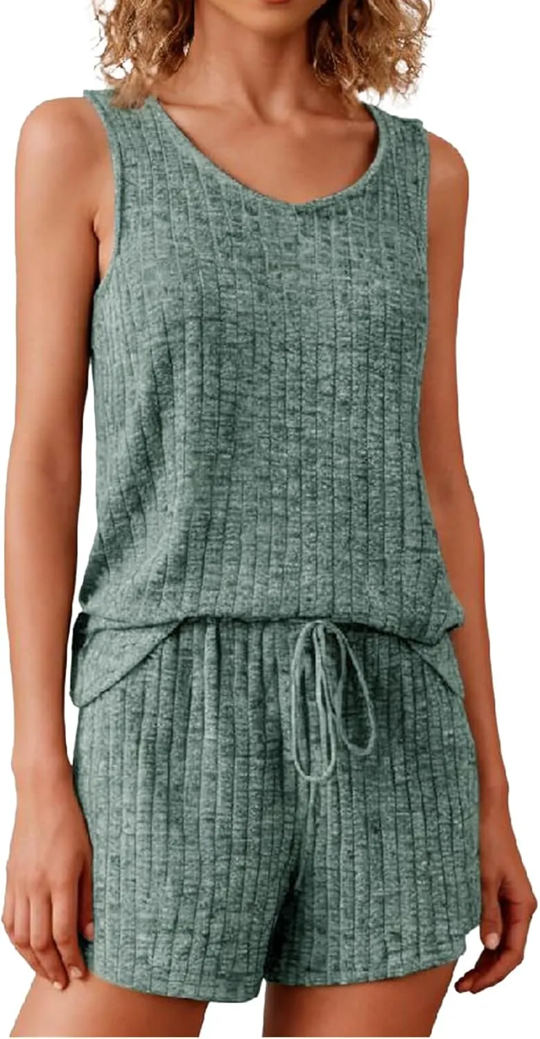 ZWRXW Women's Pajama Sleeveless Pjs Set Ribbed Knit Lounge Set Sleeveless V Neck Top and Shorts Summer Loungewear Sleepwear
